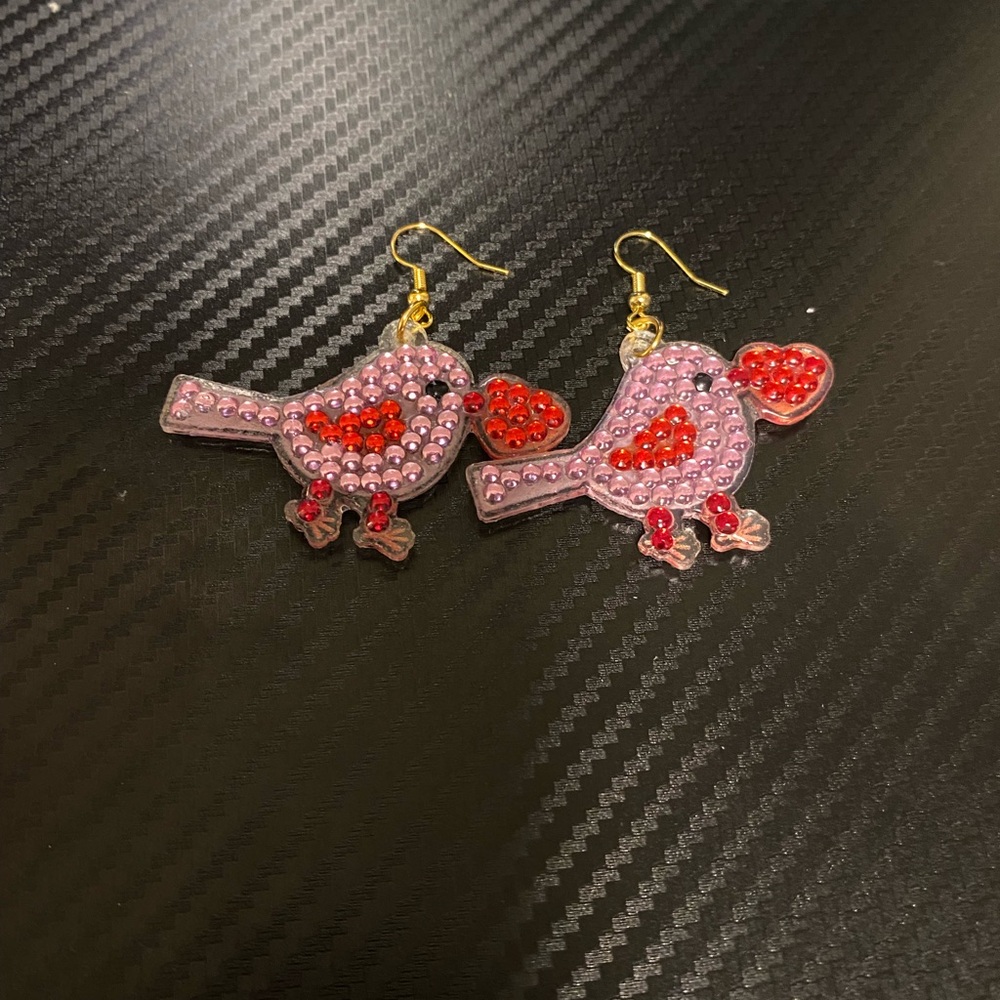 Hand made diamond art Pink and Red Bird Earrings